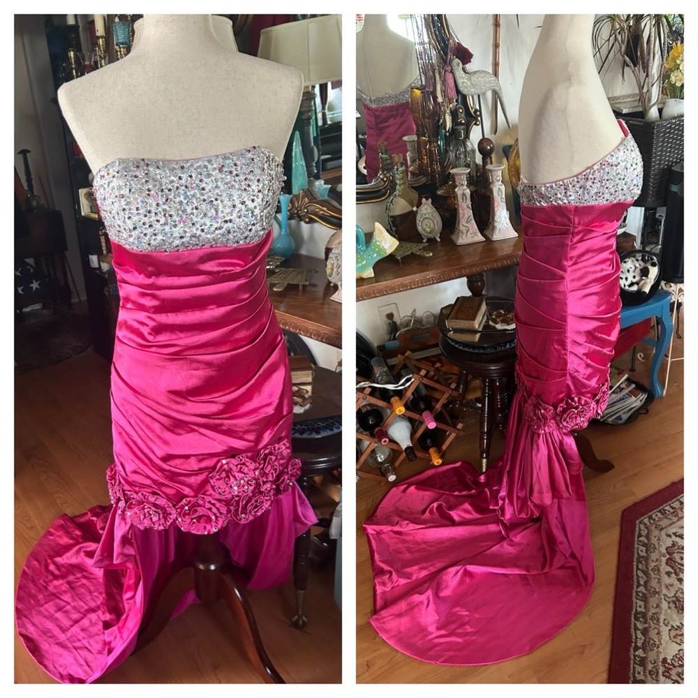 Strapless Sequined Gown Prom Dress w Detachable Train - Picture 7 of 16